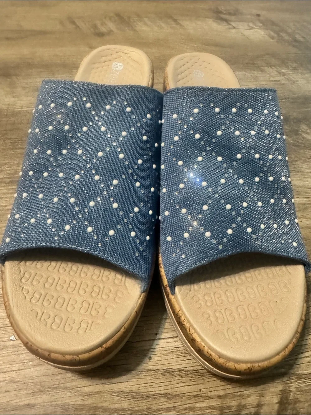 Bzees Blue Studded Cork Wedge Slide - Picture 2 of 6